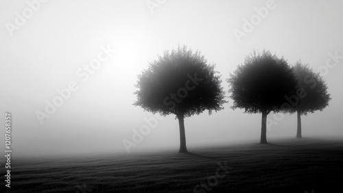 Monochrome minimalist landscape tree silhouettes foggy morning