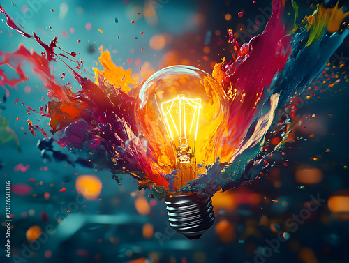 Lightbulb eureka moment Impactful inspiring artistic colorful explosion paint energy, creativity ideas burst innovation breakthrough discovery inspiration think outside the box brainstorm mastermind