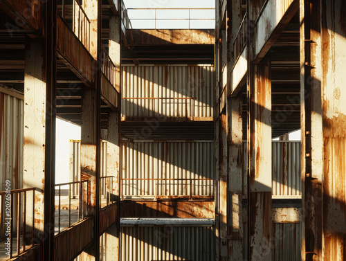 Abandoned shipping containers create striking industrial scene with shadows photo