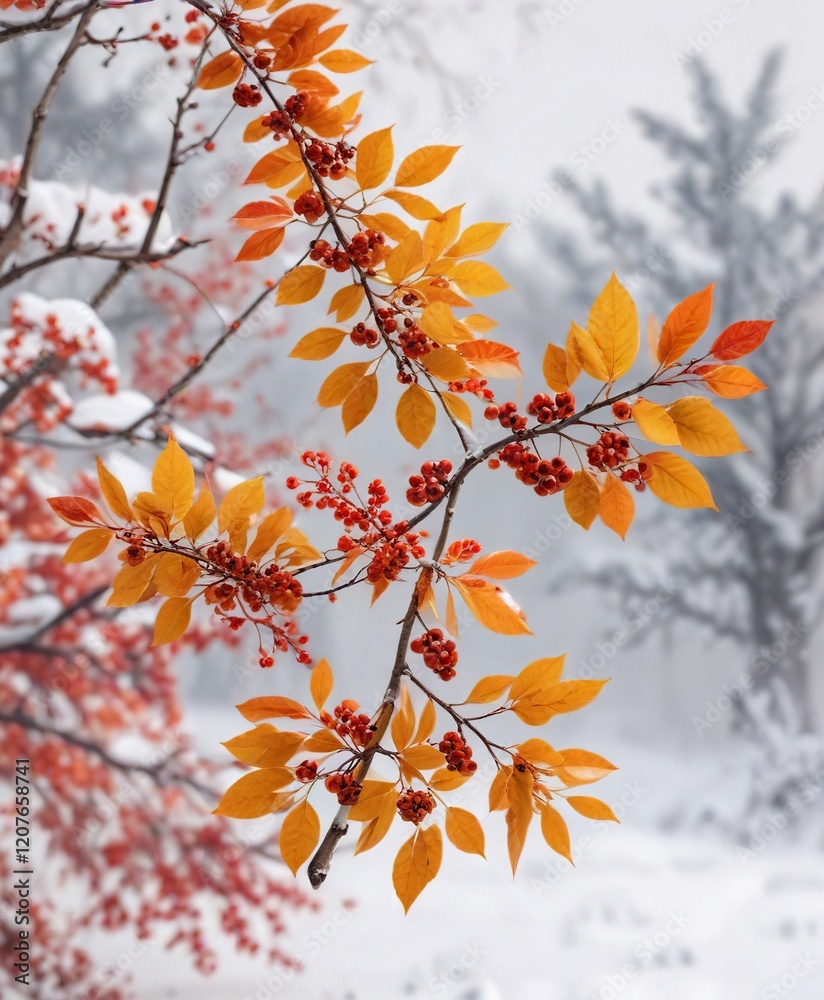 Golden red autumn branch with vibrant orange leaves and small red berries against a snowy white background, red berries, outdoor scenery