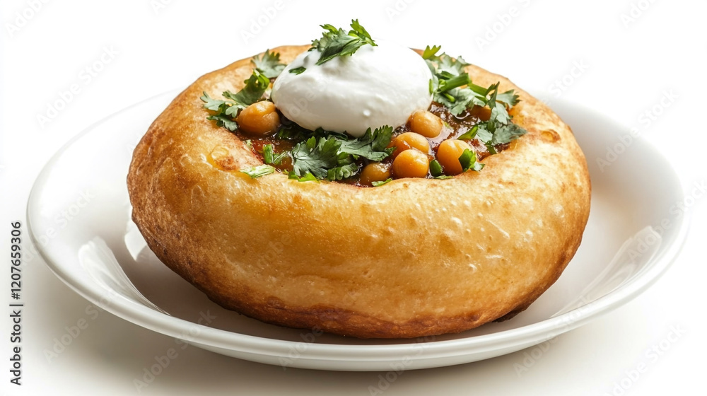 Savory bread bowl filled with chickpeas and topped with yogurt