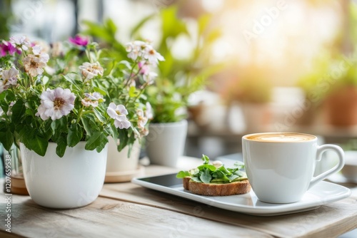 A yuppie enjoying a gourmet brunch with avocado toast, coffee, and a tablet on the table photo