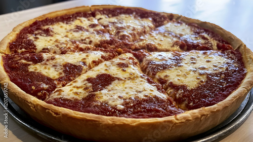 A clean, detailed image of a deep-dish pizza with thick layers of gooey cheese and tomato sauce under even lighting photo