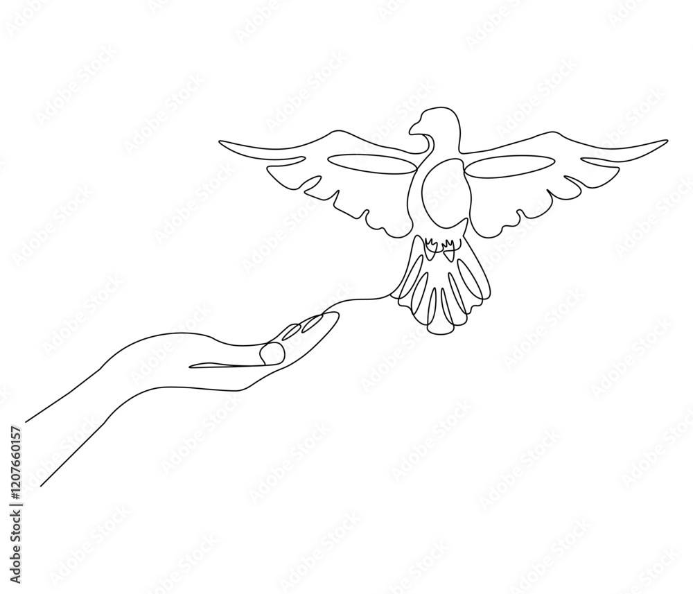 Fototapeta premium Continuous one line drawing of hand with bird. Bird symbol of peace and freedom. Single line drawing illustration of hand with flying dove. style Concept vector art. Doodle line illustration.