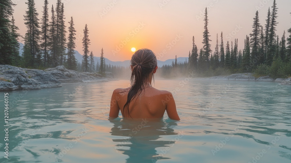 Fototapeta premium Sunrise Serenity: A Woman Bathes in a Mountain River