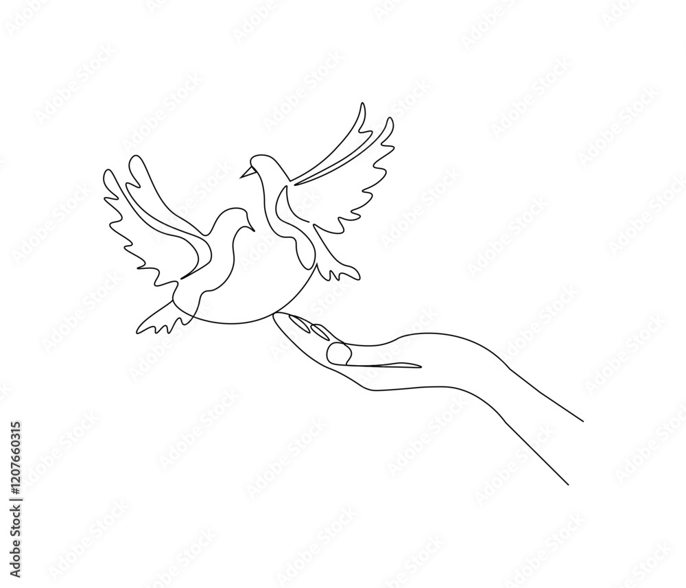 Naklejka premium Continuous one line drawing of hand with bird. Bird symbol of peace and freedom. Single line drawing illustration of hand with flying dove. style Concept vector art. Doodle line illustration.
