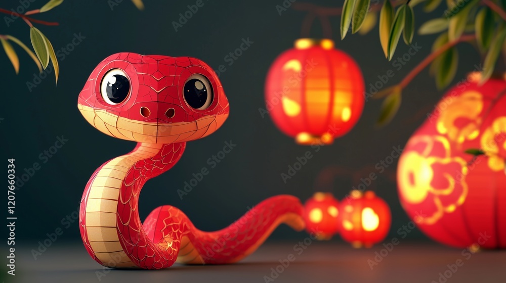 Fototapeta premium Charming Red Snake Surrounded by Festive Lanterns and Joy