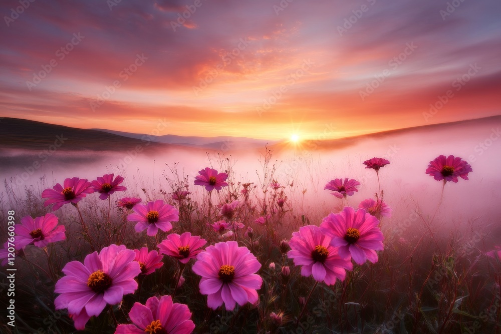 Fototapeta premium A zinnia flower field captured at sunrise, with morning mist rolling across the landscape