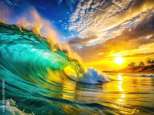 Night's embrace: Tiddly turquoise and yellow waves glow, a summer's dream in captivating photography.