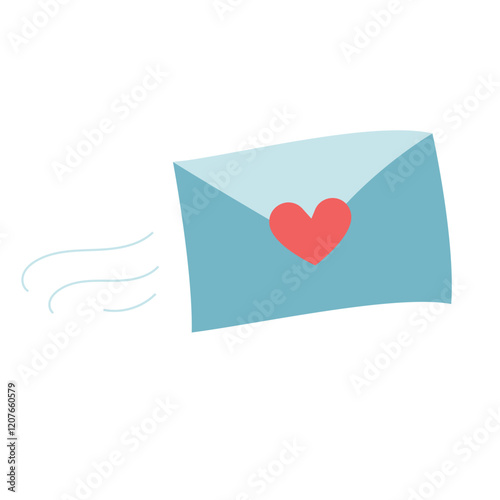 An envelope with a love message flying through the air to the address