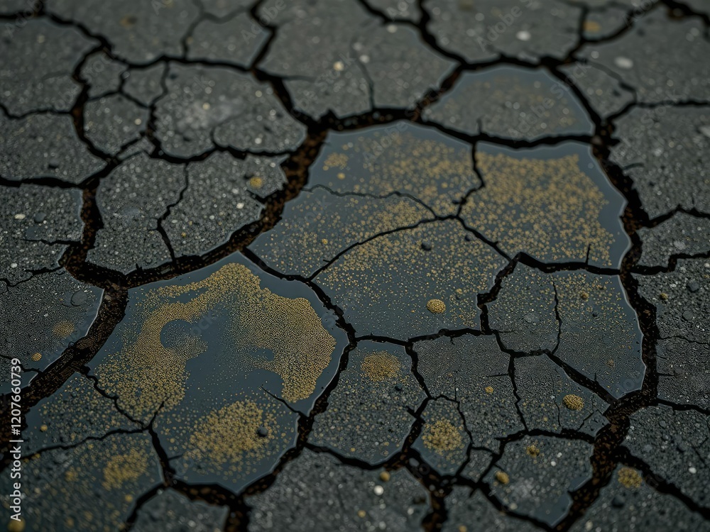 Obraz premium Close-up of oil stains on cracked asphalt, cracked asphalt with oil stain, dirt, erosion