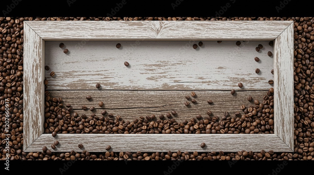 Close up of white washed wood frame filled with roasted coffee beans, texture, frame Close up of white washed wood frame filled with roasted coffee beans, texture, frame