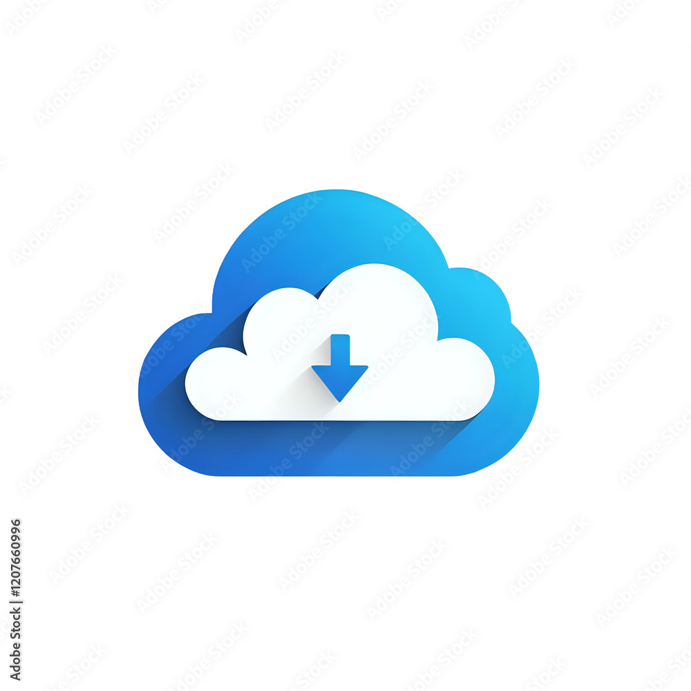 Cloud computing download icon; blue cloud with white inner cloud and downward arrow; digital illustration. Cloud computing download icon; blue cloud with white inner cloud and downward arrow; digital illustration.