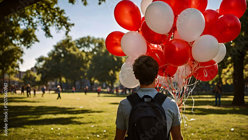 Boy with alot of red and white balloons, walking in the park. Valentines day celebration photo