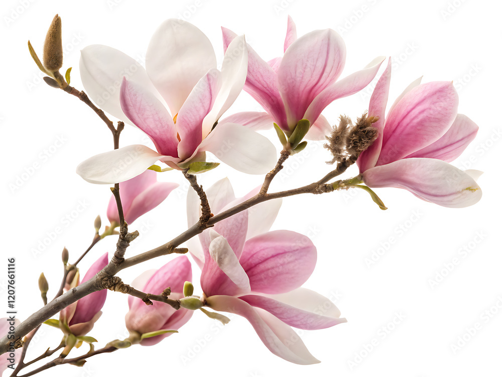 A photo featuring a branch of pink flowered magnolia A photo featuring a branch of pink flowered magnolia