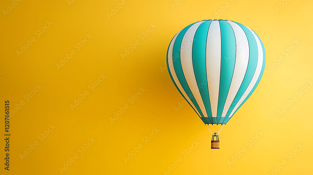 Fototapeta premium Turquoise and white hot air balloon on yellow backdrop