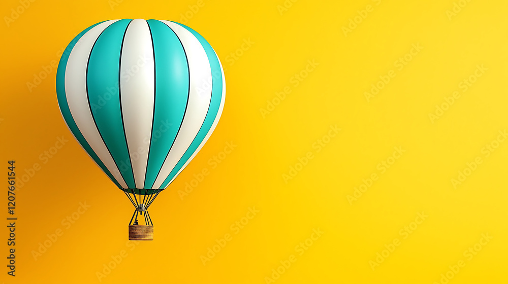 Fototapeta premium Turquoise and white hot air balloon on yellow backdrop