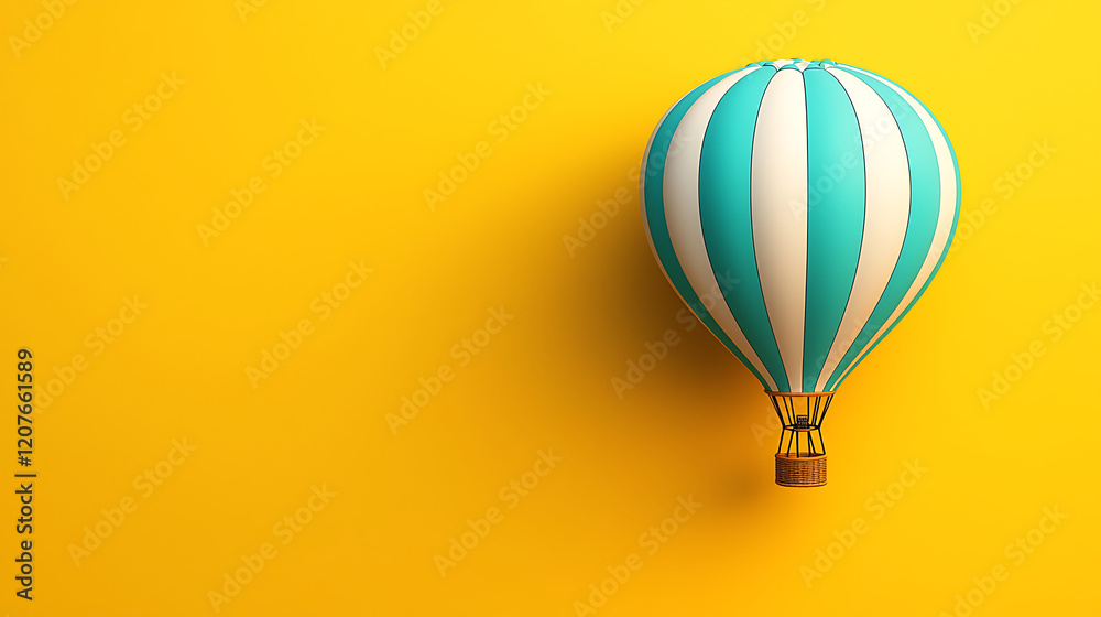 Fototapeta premium Turquoise and white hot air balloon on yellow backdrop