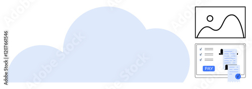 Large blue cloud, computer screen displaying payment button, user checklist, certificate icon, image with landscape. Ideal for cloud services, online transactions, user management, digital security