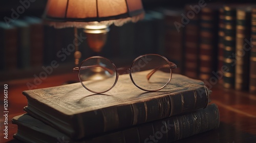 Glasses are lying on old books, against the background of the library, there is a lamp nearby photo