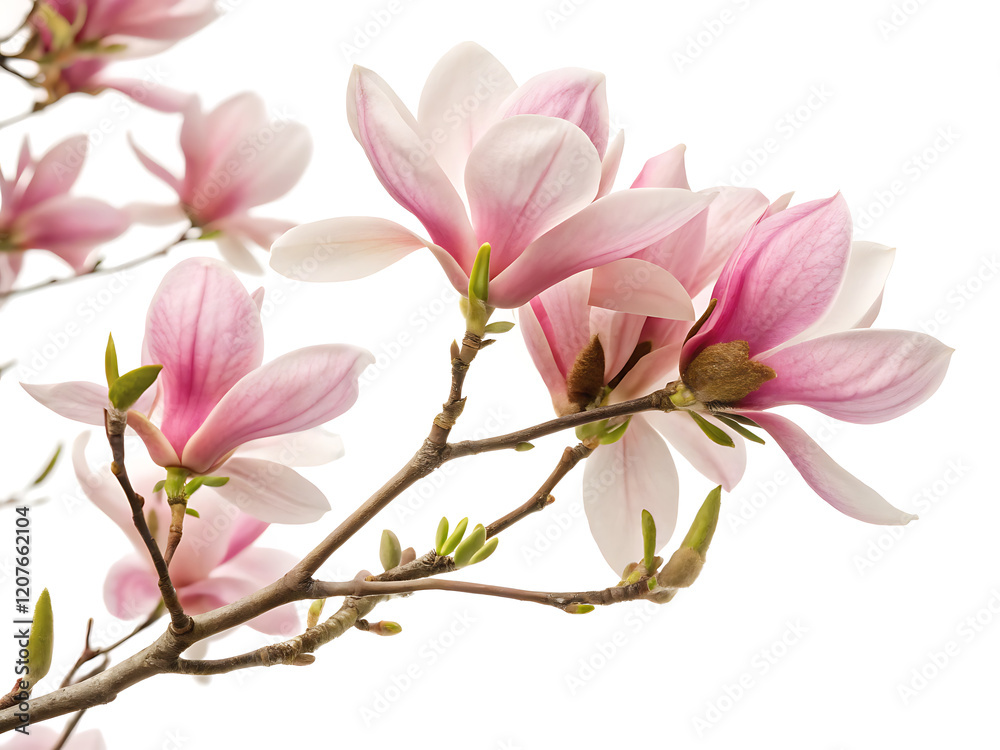 A photo featuring a branch of pink flowered magnolia A photo featuring a branch of pink flowered magnolia