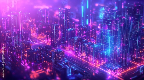 Wallpaper Mural Aerial view of a futuristic city skyline with skyscrapers and a vibrant port highlighted by interactive 3D digital overlays in vivid purple and blue tones Torontodigital.ca