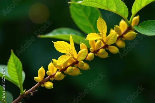 Yellow parasitic plant growing on a tree branch, leafy, yellow cuscuta photo