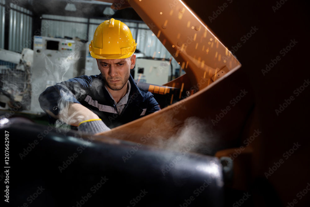 Fototapeta premium Mechanic Repairing a Robotic Arm in Factory