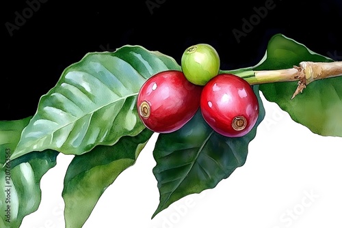 Vibrant Coffee Cherries on Green Leaves Isolated on Black Background in Detailed Watercolor Artwork