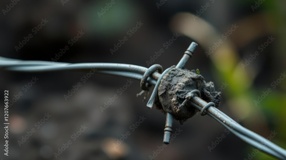 Close-up of a barbed wire spike with soil and clay stuck to its surface, texture, rural area