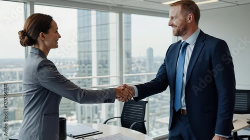 Business Deal: A Successful Handshake in a Modern Office