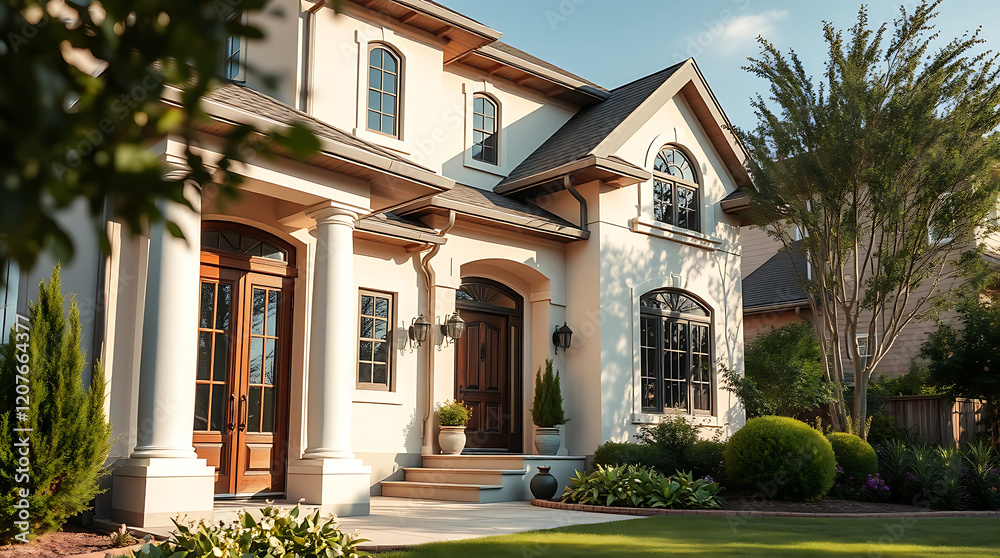 Luxury Home Exterior: Modern Architecture and Landscaping. Elegant design, classic details, and a beautiful garden create a stunning residential property. Luxury Home Exterior: Modern Architecture and Landscaping. Elegant design, classic details, and a beautiful garden create a stunning residential property.