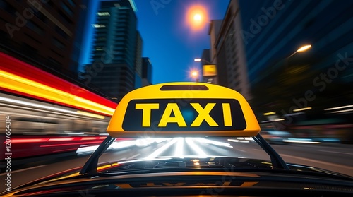 Taxi driving at night in city.