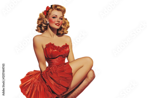 A vintage style pin-up model illustration of a beautiful woman holding a valentines love heart