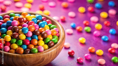 Pink background, bokeh effect enhances colorful candy balls nestled in a rustic brown bowl. Sweet treats!