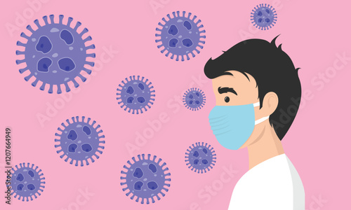 Man wearing medical mask to protect COVID-19 or prevent disease, flu, air pollution, contaminated air, world pollution, HMPV, human metapneumovirus concept.