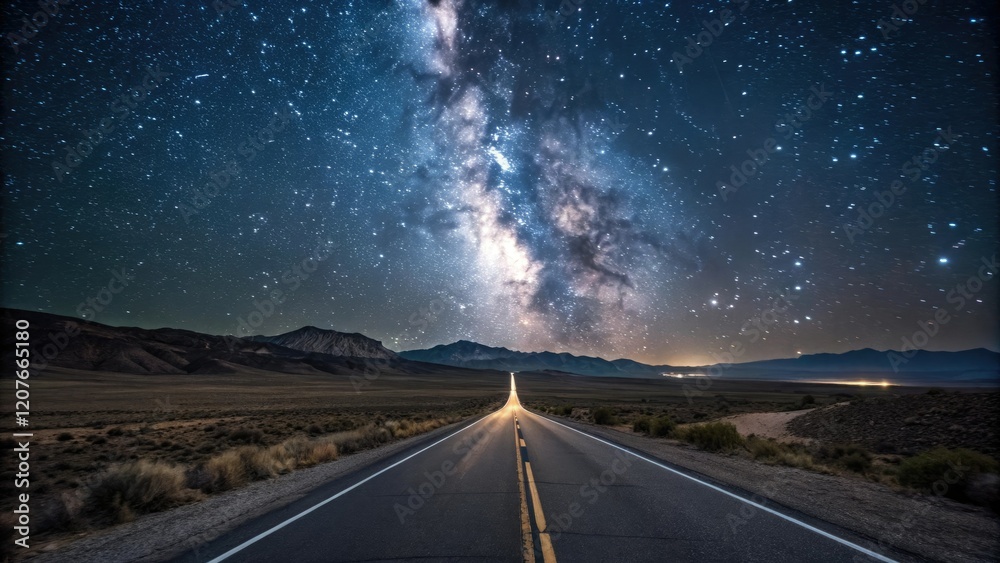 Naklejka premium An otherworldly pulsing glow envelops a deserted highway under a starry night sky, sci-fi, neon lights, mysterious