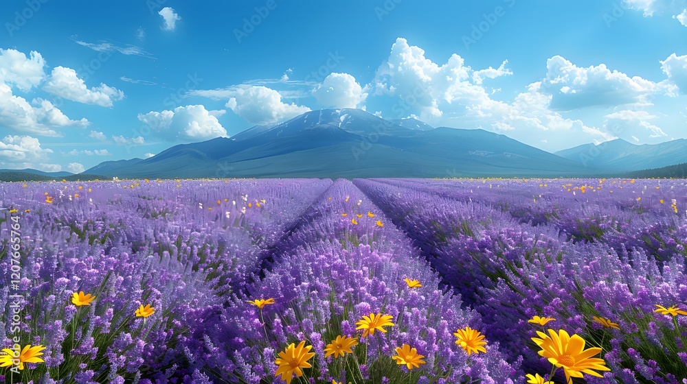 Obraz premium Lavender Fields Under a Sunny Sky with Majestic Mountains