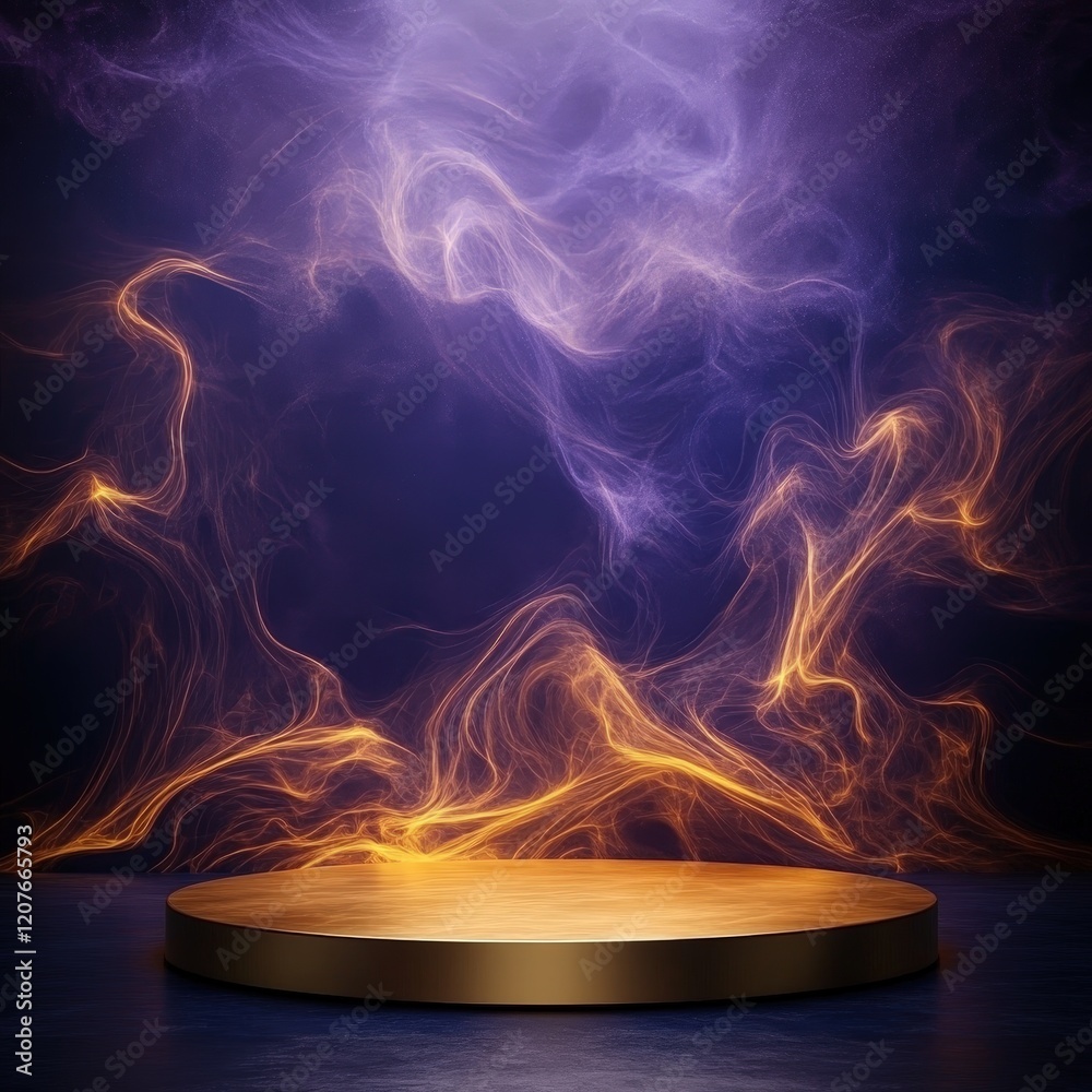 Fototapeta premium Abstract Golden Podium with Mystic Purple and Orange Smoke Background.