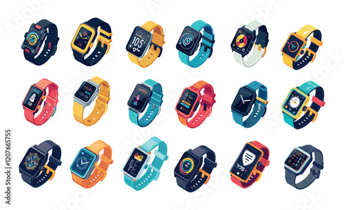 Smartwatches cartoon vector set. Fitness trackers sport activity bands modern wearable gear electronic gadgets, health monitoring parameters devices, isolated illustration
