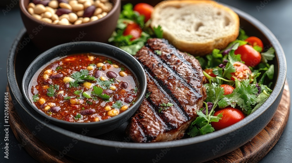 Grilled steak, beans, salad, salsa, bread, dark plate Grilled steak, beans, salad, salsa, bread, dark plate
