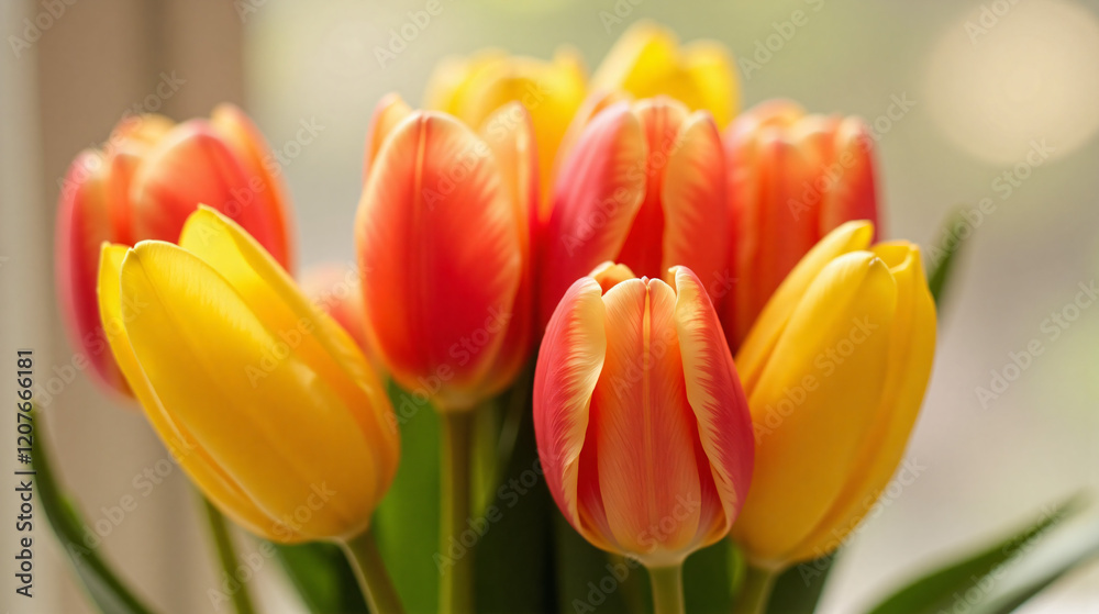 Tulips Bouquet Vibrant Orange and Yellow Representing Spring Against Blurry Background Tulips Bouquet Vibrant Orange and Yellow Representing Spring Against Blurry Background