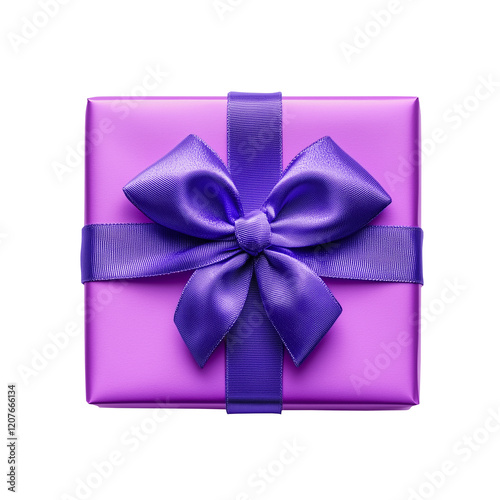 Purple gift box with purple ribbon and bow isolated on transparent background, top view. PNG file.