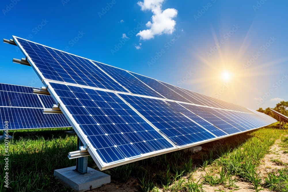Solar Panels Under Clear Sky with Bright Sun and Green Grass Solar Panels Under Clear Sky with Bright Sun and Green Grass