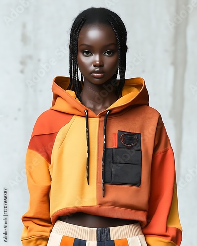 Woman in color-blocked hoodie.