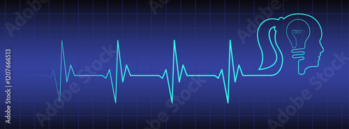 Editable blue ekg monitor, cardio diagnosis, man head profile vector art. Heart rhythm line vector design to use for healthcare, healthy lifestyle, medicine, ekg, ecg concept illustration projects. 