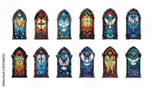 Wallpaper Mural Stained glass windows cartoon vector set. Cross jesus holy spirit white dove god sacred traditional religious glazings, church interior chapel christian elements isolated illustrations Torontodigital.ca