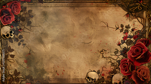 vintage gothic style writing paper with ornate border, victorian red roses and skulls on the side of it, dark academia aesthetic