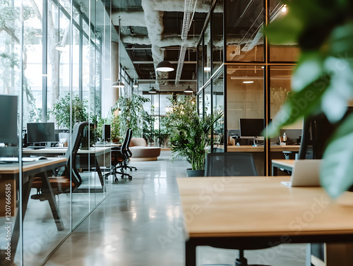 Illustration of business open green modern office daytime daylight. Working culture chill happy enjoy workplace work life balance plant green interior sustainable design contemporary sustainability