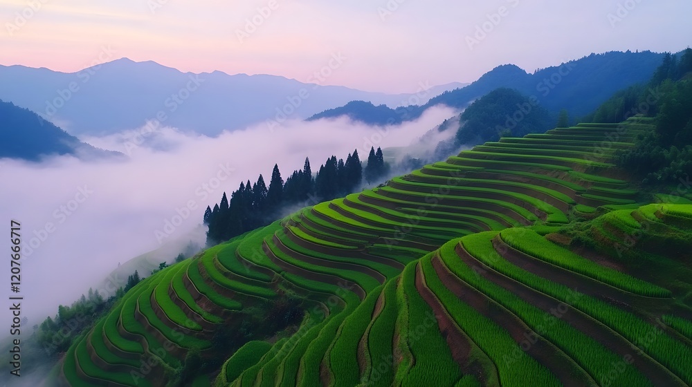 Fototapeta premium Misty Mountain Sunrise Over Tranquil Terraced Rice Fields Landscape